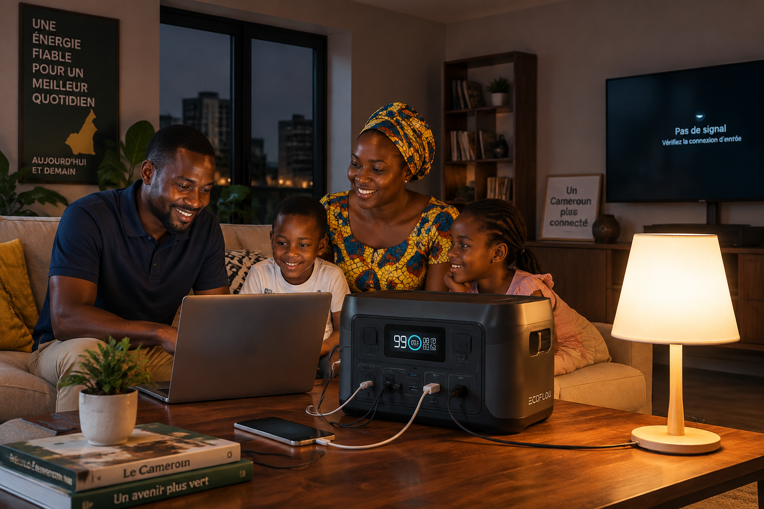 Station d'énergie portable EcoFlow utilisée par une famille camerounaise comme alimentation de secours.