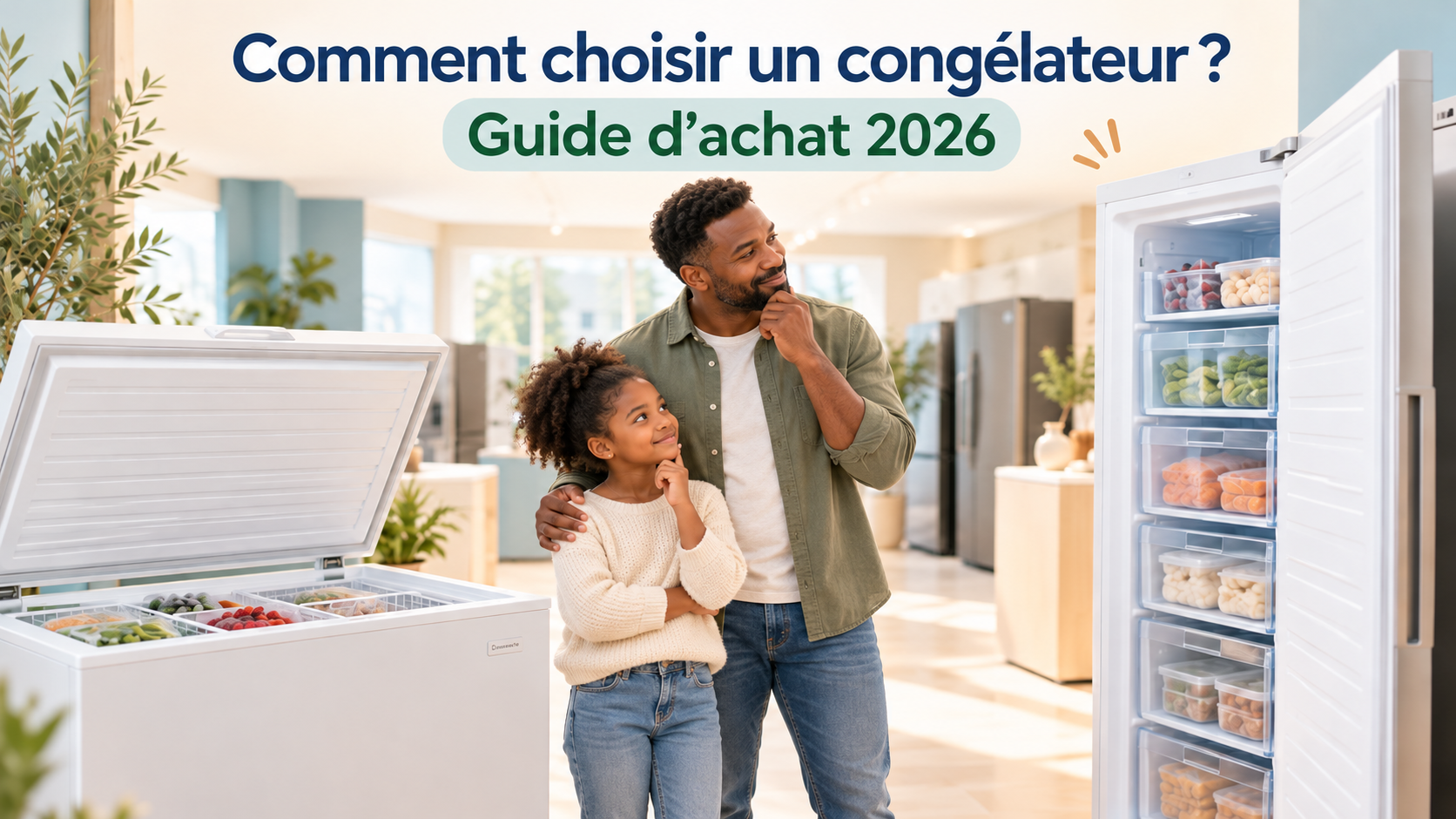 Père et sa fille comparant différents modèles de congélateur pour choisir le plus adapté