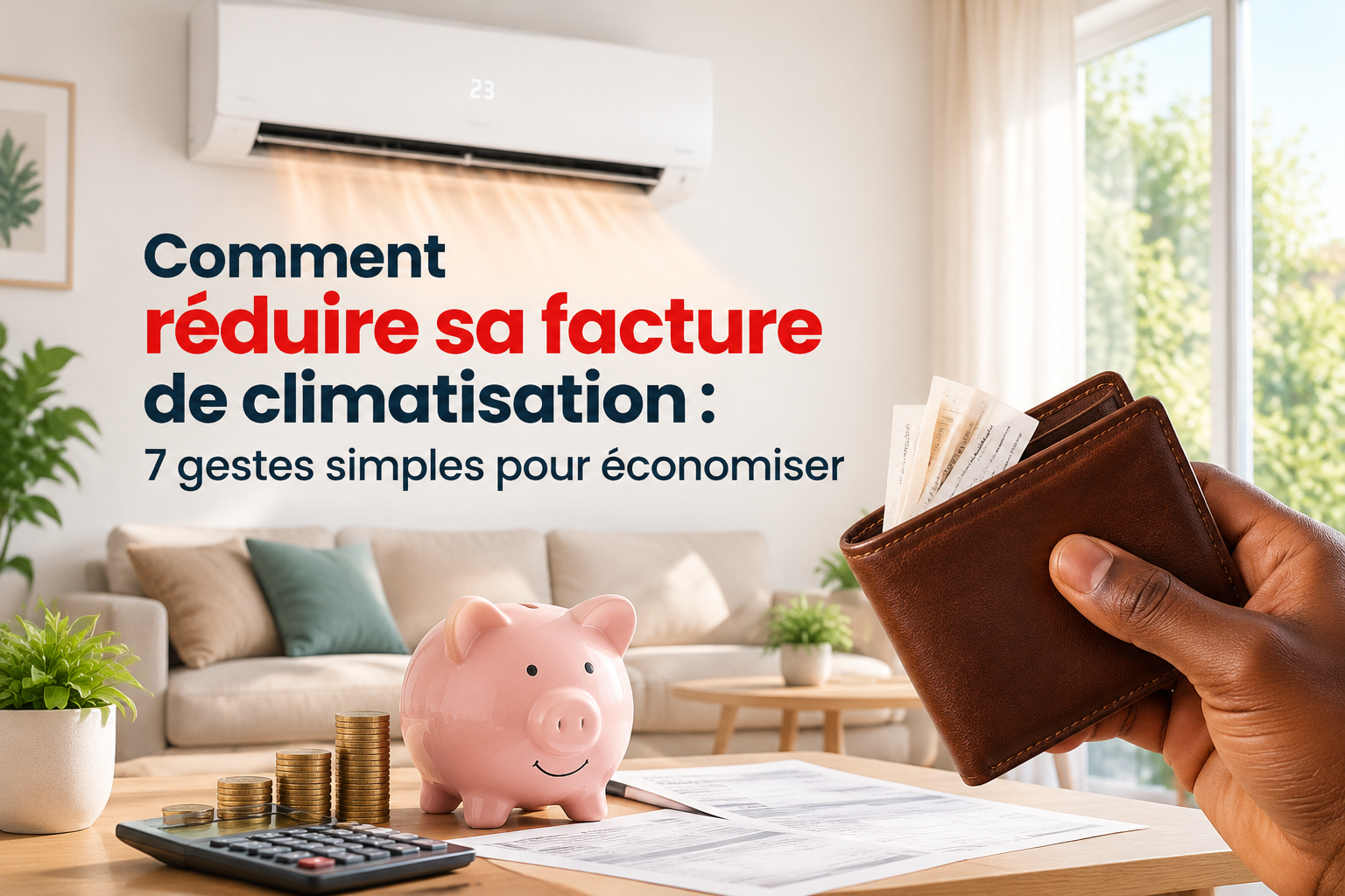 Réduire sa facture de climatisation grâce à des gestes simples illustrés par un salon moderne avec climatiseur, tirelire, factures et portefeuille.